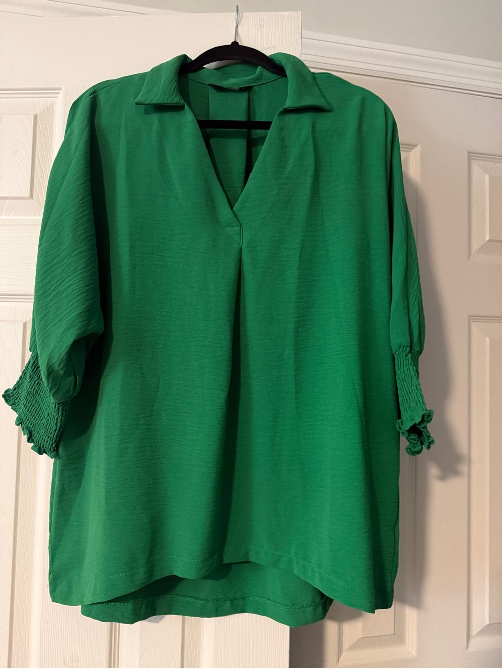 Green V-Neck Smocked Sleeve Women's Top